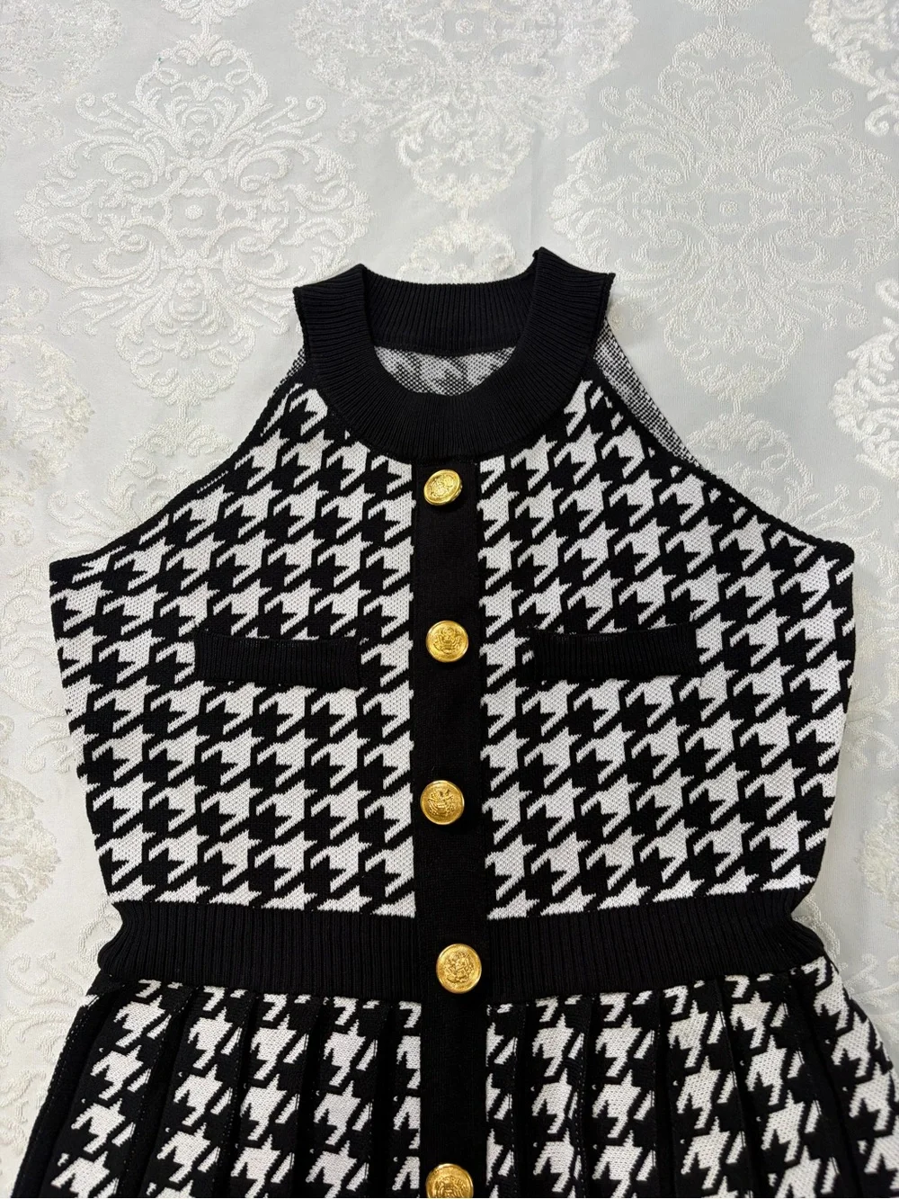 Miss Rosier Jacqueline Black Houndstooth Knit Mini Dress Pleated Size Medium NWT - Picture 7 of 10